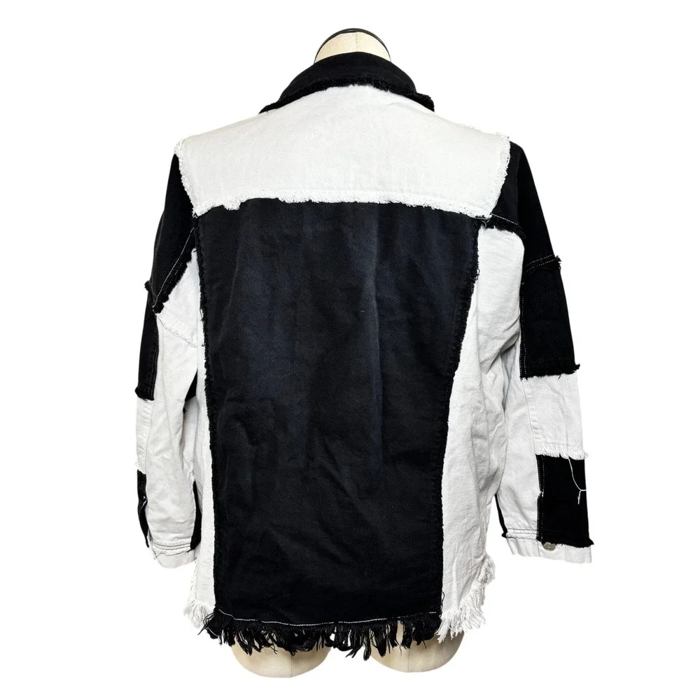 Black White‎ Fringed Patchwork Denim Grunge Jacket Raw Hem Shacket Size M